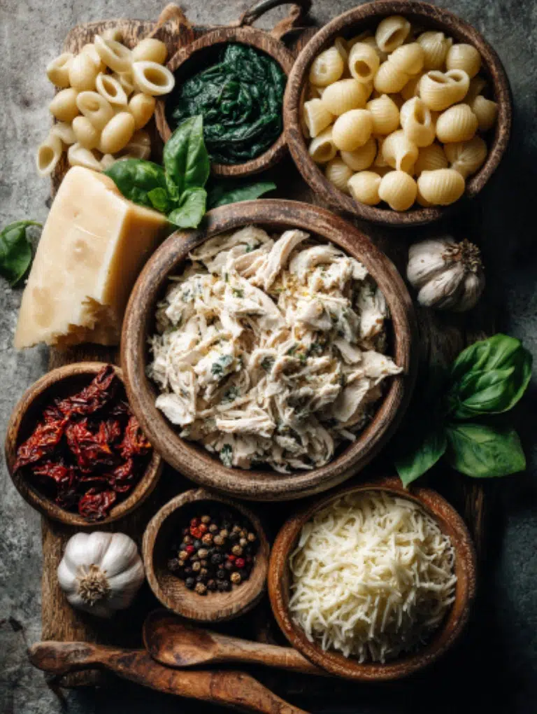 Flat lay of Marry Me Chicken Soup ingredients including pasta shells, shredded chicken, parmesan, cream, spinach, basil, garlic, onion, and sun-dried tomatoes on a marble background.