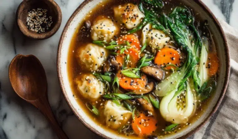 Overhead shot of miso vegetable dumpling soup in a bowl with dumplings, bok choy, carrots, shiitake mushrooms, and scallions on marble.