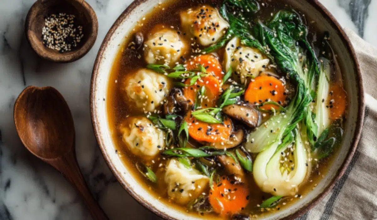 Overhead shot of miso vegetable dumpling soup in a bowl with dumplings, bok choy, carrots, shiitake mushrooms, and scallions on marble.