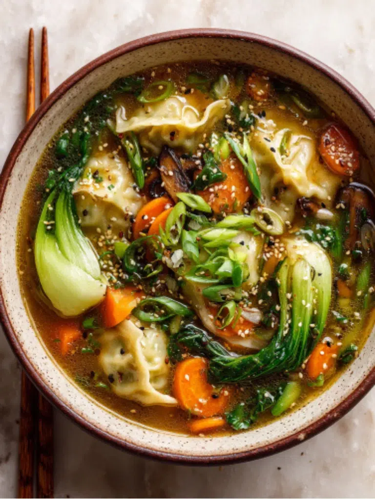 Two bowls of miso vegetable dumpling soup on marble table with chili oil and chopsticks.