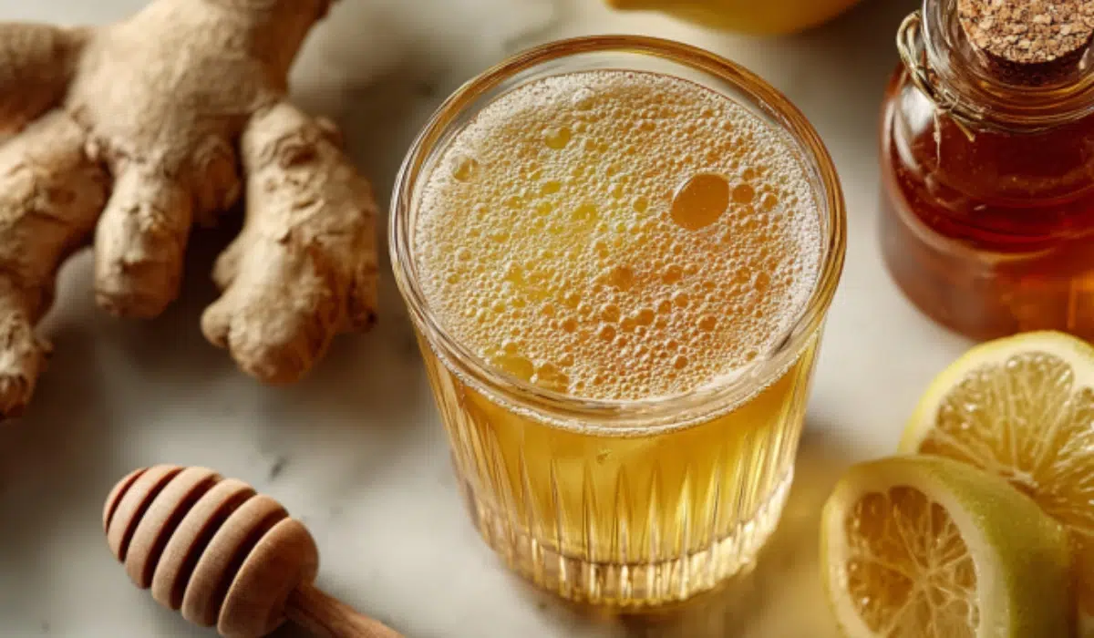 Natural 4 Ingredient Zepbound RecipeGlass of 4 ingredient Zepbound wellness drink on white marble with lemon, ginger, apple cider vinegar, and honey.
