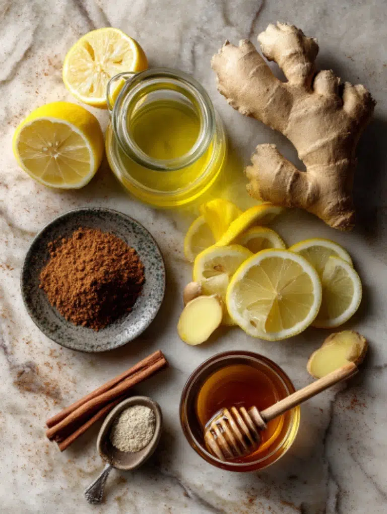 Natural Zepbound Recipe ingredients displayed on marble: apple cider vinegar, lemon slices, ginger, cinnamon, and honey.