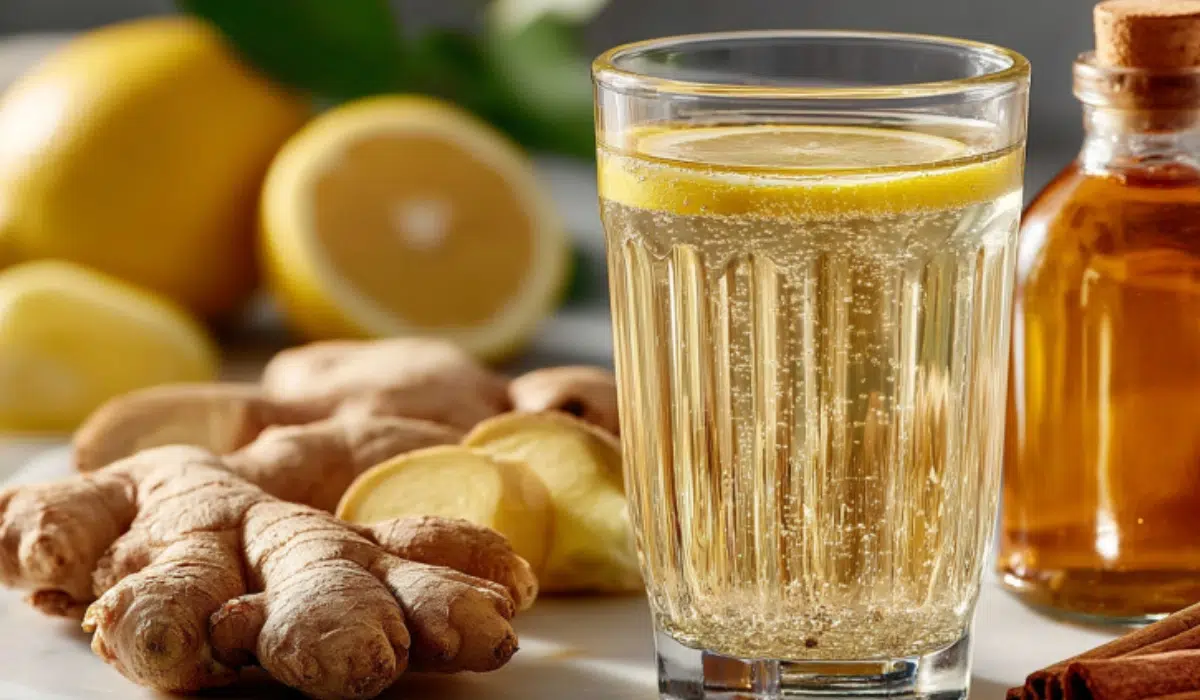 A glass of Natural Zepbound Recipe drink with apple cider vinegar, lemon, ginger, and cinnamon on a marble surface.