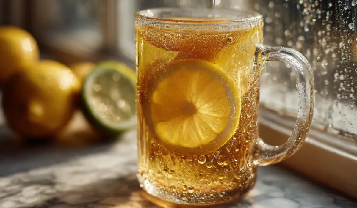 Glass of Natural Zepbound Recipe for Weight Loss drink with lemon, ginger, and apple cider vinegar on a marble surface.