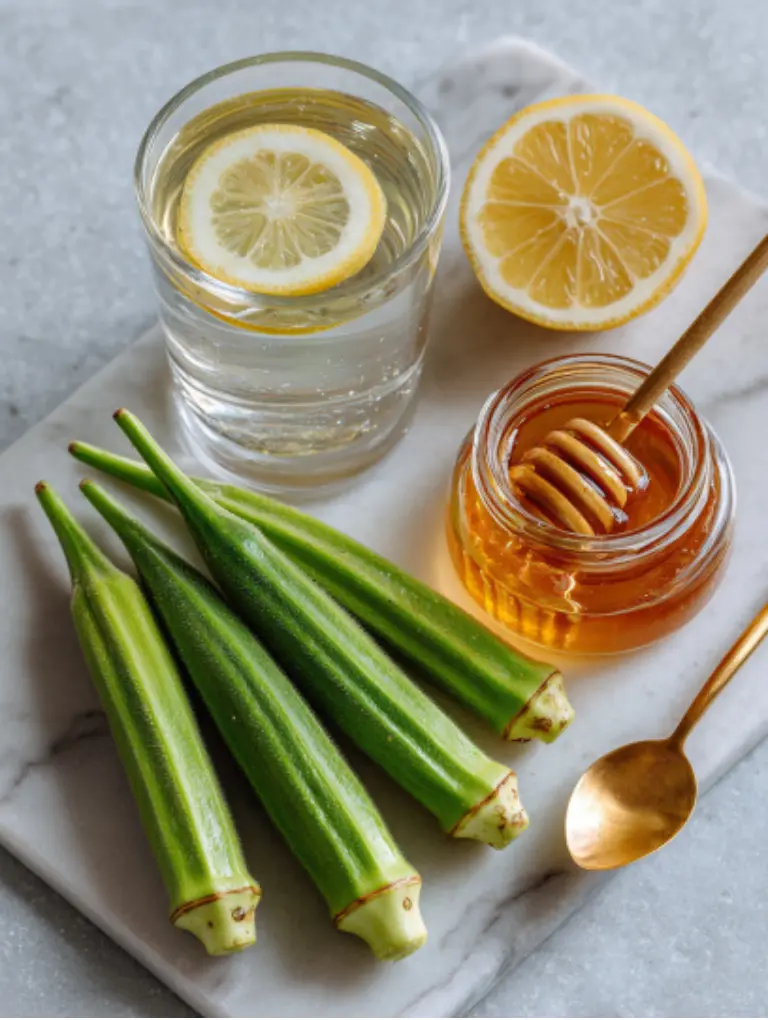 Fresh okra pods, a glass of water, lemon slice, and honey on a marble surface simple ingredients for okra water.