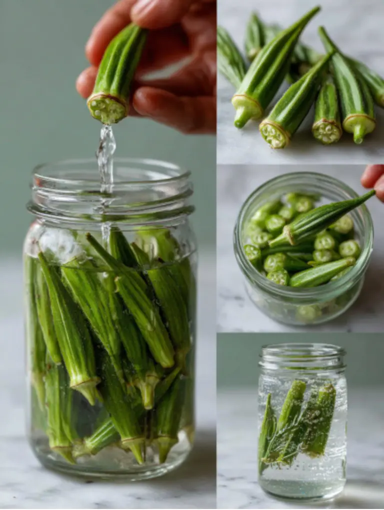 Step-by-step process of making okra water washing, slicing pods, soaking overnight, and pouring into a clear glass.
