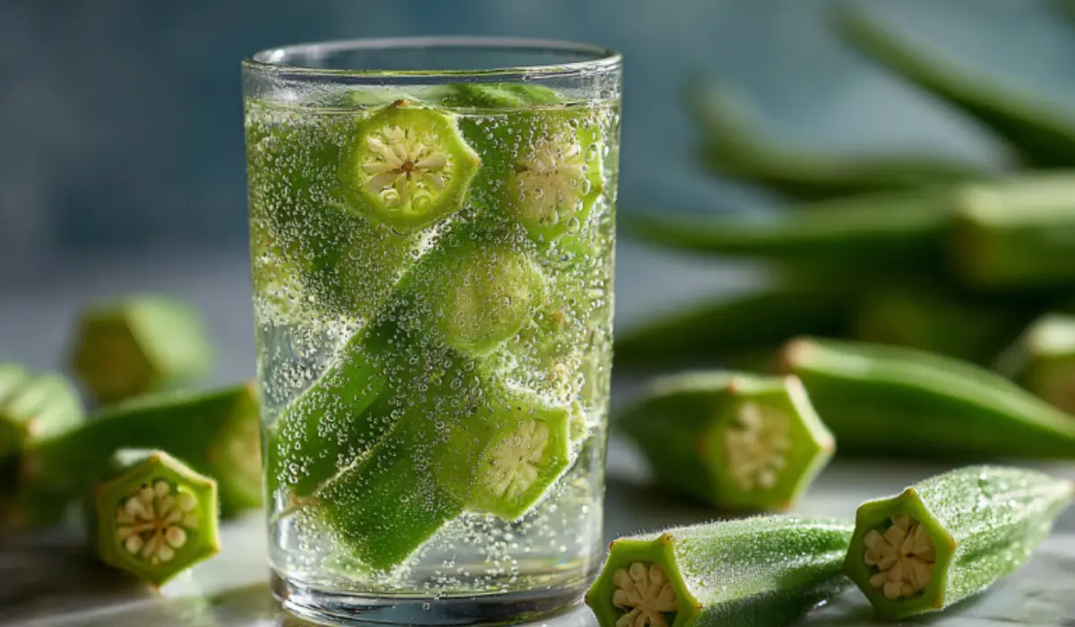A tall glass of okra water with sliced pods on a marble counter, refreshing natural wellness drink for hydration and digestion.