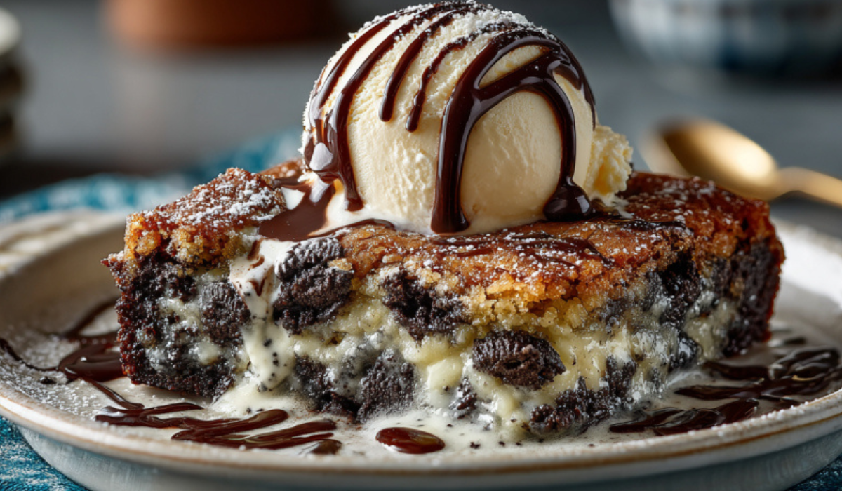 Oreo Dump Cake in a baking dish with a scoop of vanilla ice cream and chocolate drizzle on marble surface.