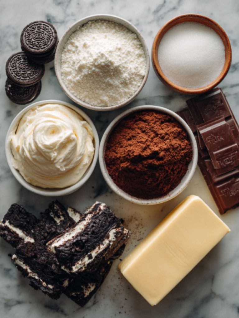 Oreo Dump Cake Recipe Flat lay of Oreo Dump Cake ingredients including Oreos, condensed milk, whipped topping, cake mix, and butter on marble surface.