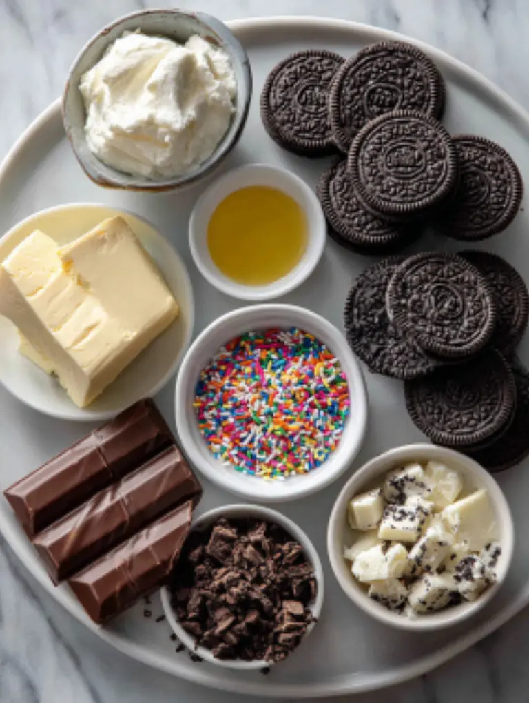 Flat lay of Oreo truffle ingredients on a white marble counter: Oreo cookies, cream cheese, chopped dark chocolate, coconut oil, and toppings.