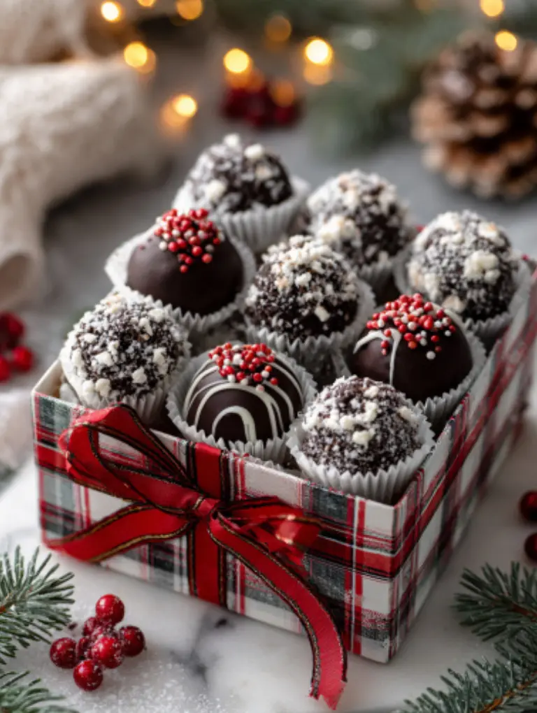 Oreo truffles arranged on a platter with sprinkles and cookie crumbs, styled on a white marble background.