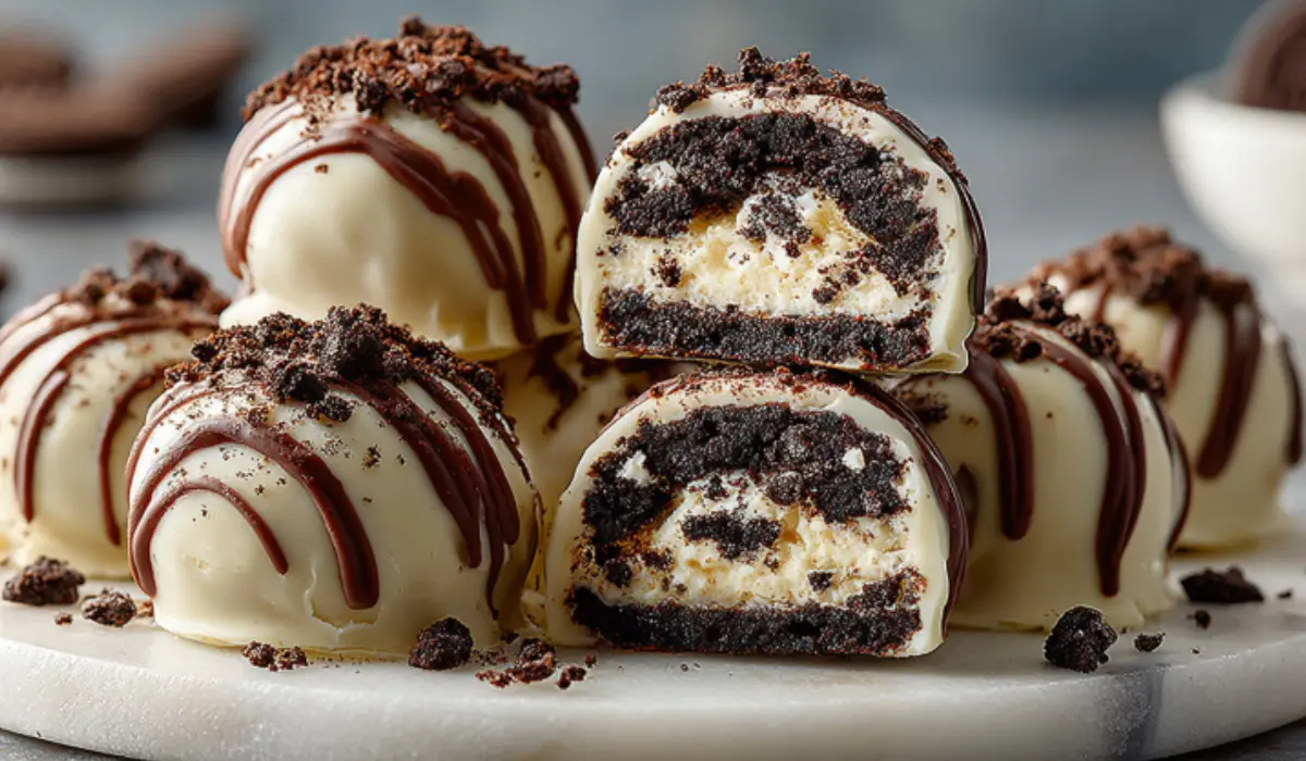 Close-up of Oreo truffles stacked on a marble surface, coated in glossy chocolate and drizzled with white chocolate.