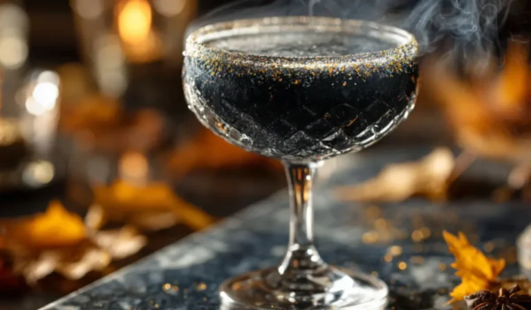 Poisoned Apple Cider Cocktail A shimmering jet-black Halloween cocktail in a clear coupe glass with apple slice and cinnamon stick garnish, glowing against a smoky, moody backdrop.
