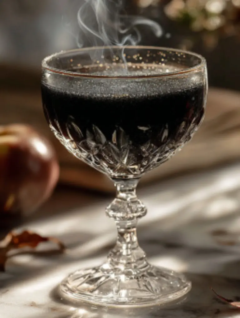 Halloween party setup with a glowing glass dispenser of shimmering black cider, surrounded by clear glasses with apple and cinnamon garnishes, lit with a spooky LED glow.