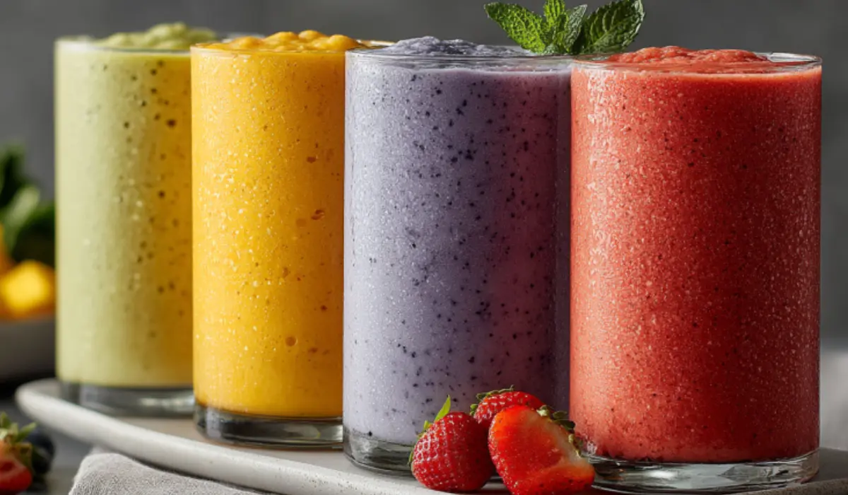 Five colorful Restaurant Copycat Smoothie Recipes – mango pineapple, blueberry lemonade, peach blueberry, peanut butter, and strawberry on a gray kitchen countertop with a white plate.