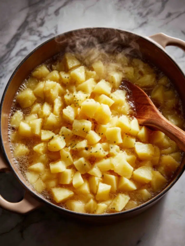 Potatoes simmering in a Dutch oven with steam rising on marble countertop.