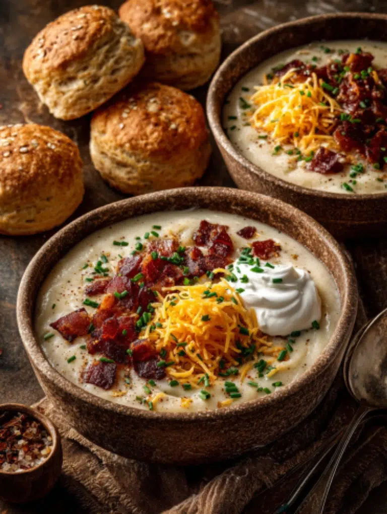 Potato soup served with bacon, cheddar, chives, and sour cream on marble.