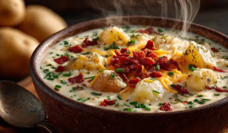 A warm bowl of creamy potato soup recipe with bacon, cheddar, and chives served on a marble surface.