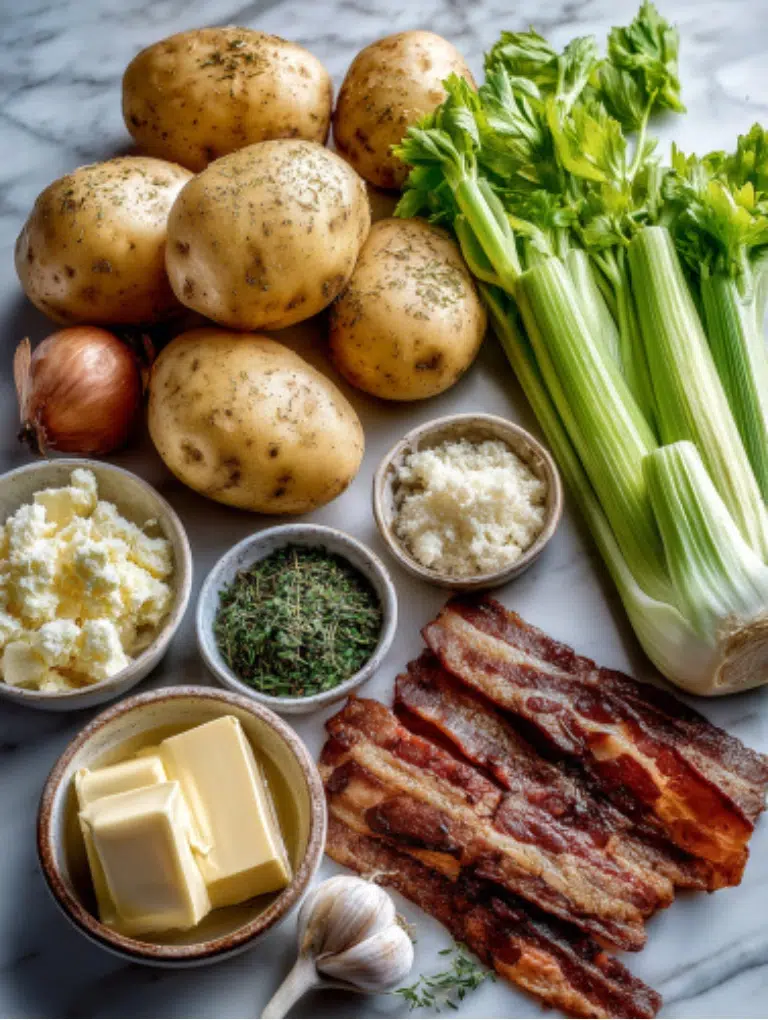 Flat lay of fresh potatoes, celery, onion, garlic, bacon, butter, and stock on marble.