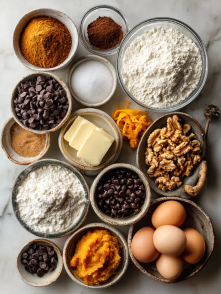 Flat lay of pumpkin chocolate chip cookie ingredients including flour, pumpkin purée, butter, sugars, chocolate chips, and spices on marble.