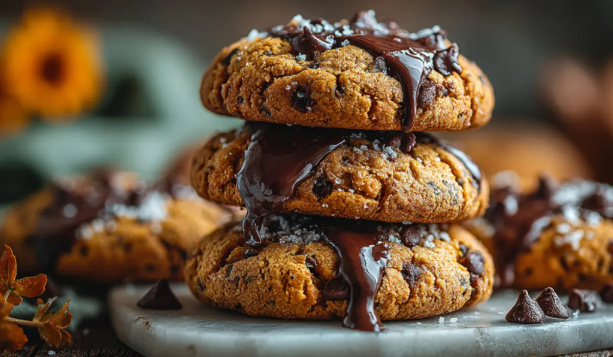 Freshly baked pumpkin chocolate chip cookies stacked on a white marble surface with gooey chocolate and warm fall tones.