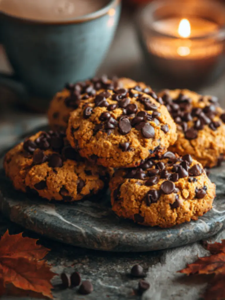 Pumpkin chocolate chip cookies served on a marble plate with milk and coffee in a cozy autumn setting.