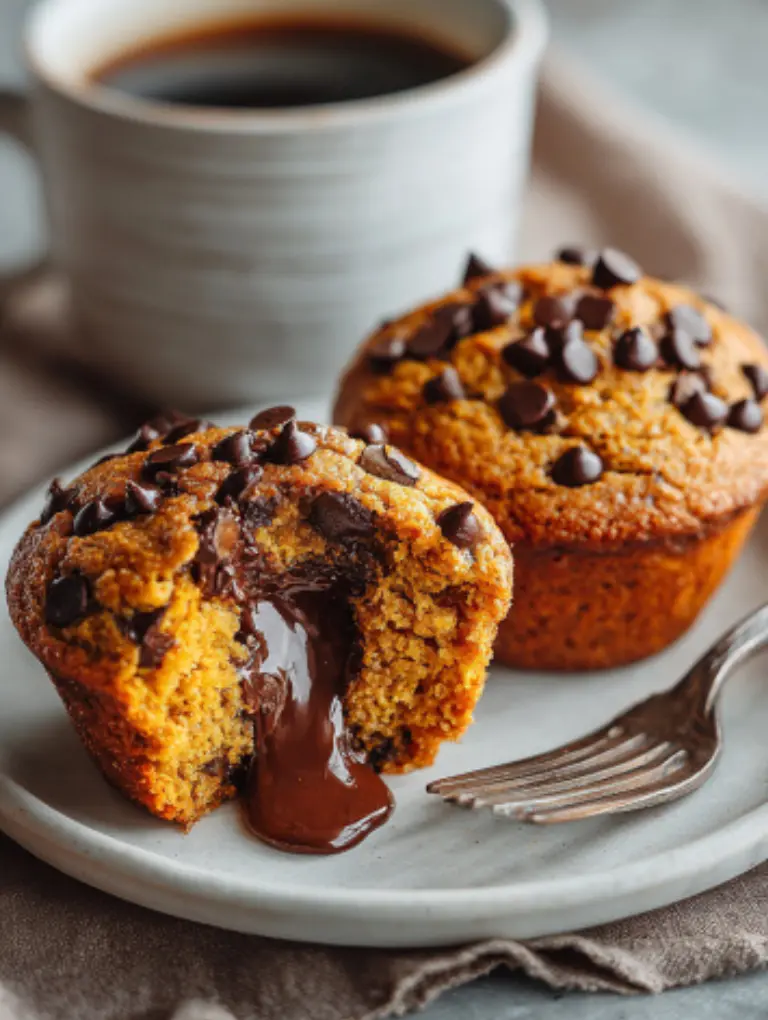 Pumpkin chocolate chip muffins served with coffee, one split open to show melted chocolate.