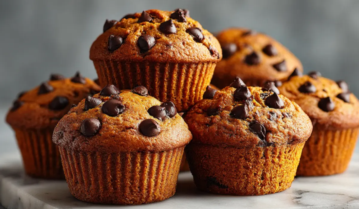 Pumpkin chocolate chip muffins stacked on a marble surface with melty chocolate chips and golden tops.
