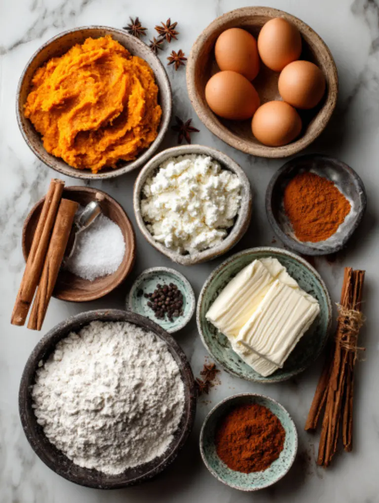 Flat lay of ingredients for pumpkin cream cheese muffins on a marble kitchen counter.