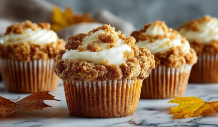 Pumpkin cream cheese muffins with crumb topping and cream cheese swirl on a marble surface with autumn leaves in the background.