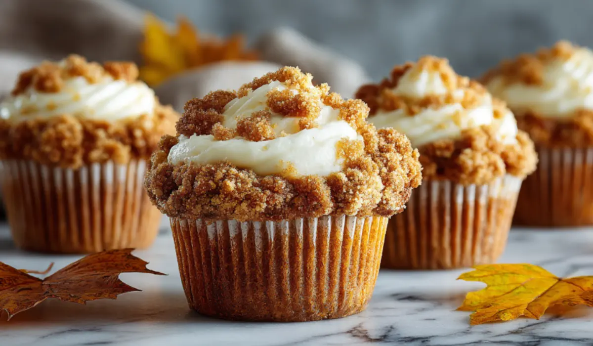 Pumpkin cream cheese muffins with crumb topping and cream cheese swirl on a marble surface with autumn leaves in the background.