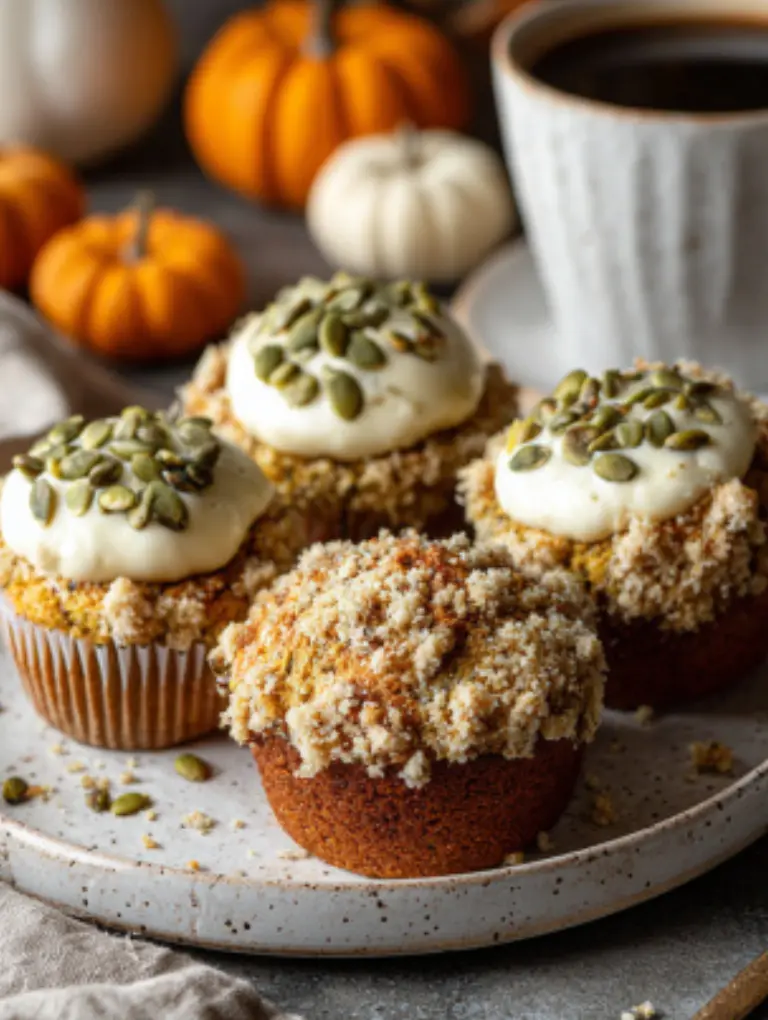 Pumpkin cream cheese muffins served on a plate with pepitas and crumb topping, styled with pumpkins and linen napkins.