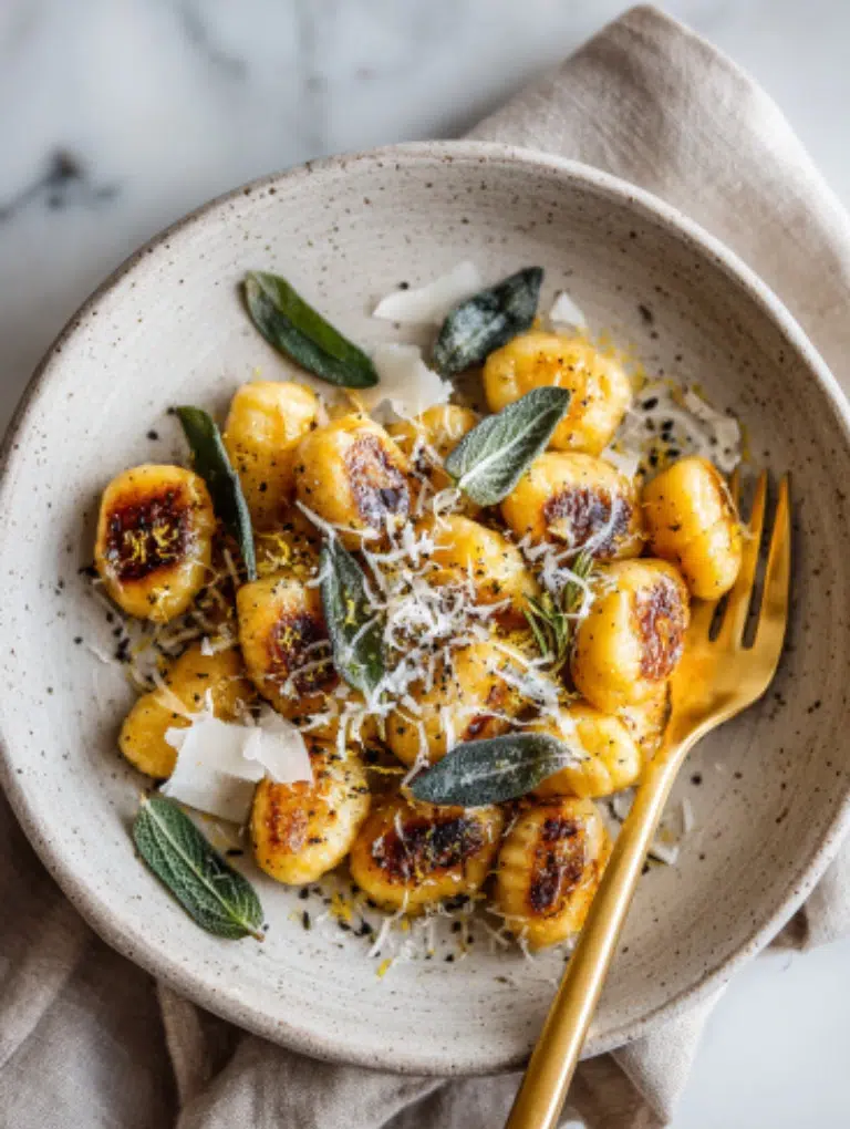 Golden pumpkin gnocchi dumplings coated in sage brown butter and Parmesan on marble.