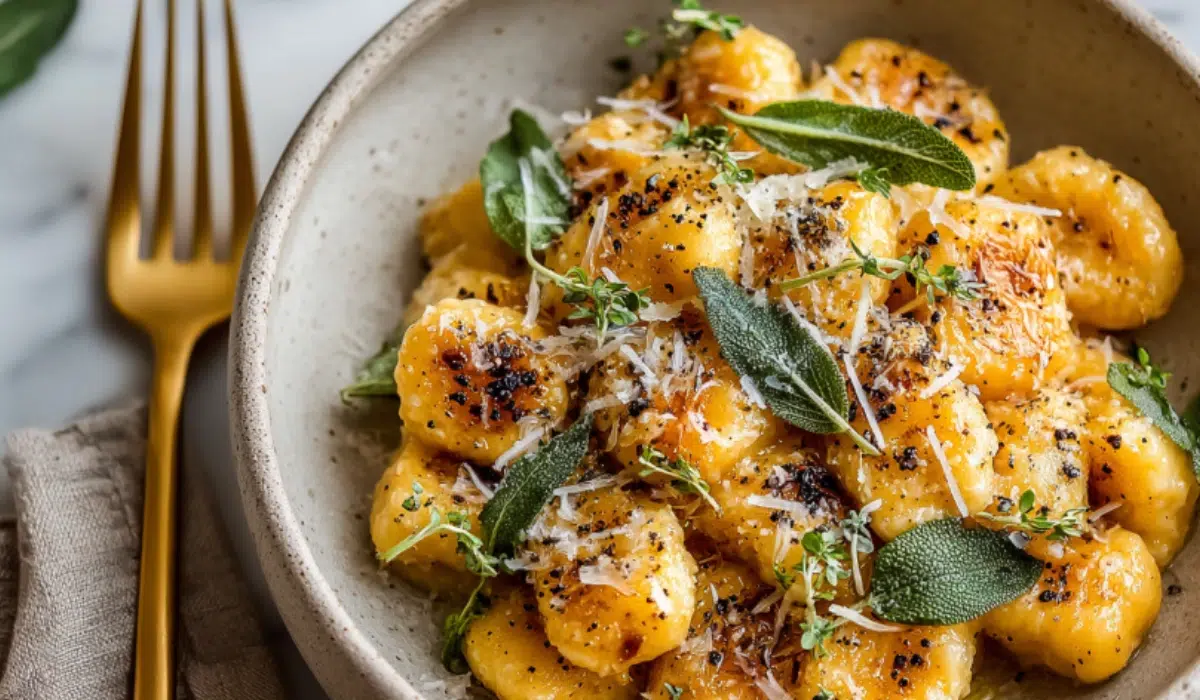 Plate of golden pumpkin gnocchi tossed in sage brown butter with Parmesan shavings on a marble surface.