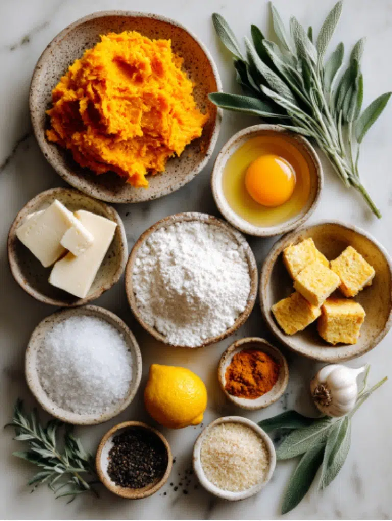 Flat lay of pumpkin, flour, Parmesan, nutmeg, sage, and butter on a marble surface.