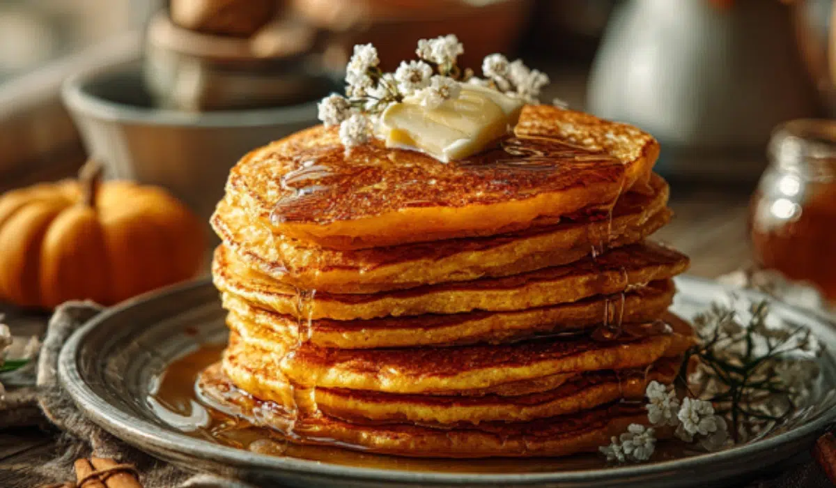 Stack of fluffy pumpkin pancakes topped with melting butter and maple syrup on a marble table with autumn decorations.