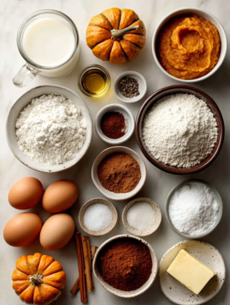 Flat lay of pumpkin pancake ingredients on a white marble surface, including flour, pumpkin puree, spices, milk, egg, and sugar.