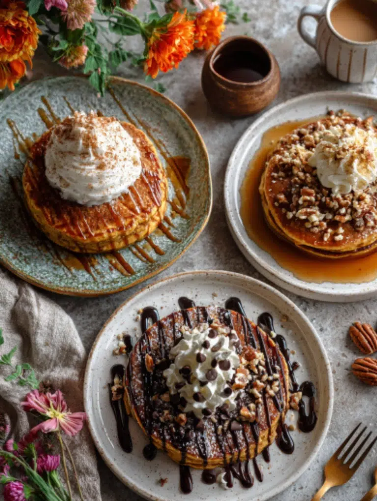 Pumpkin pancakes served three ways: with whipped cream and cinnamon, toasted pecans, and chocolate chips with caramel drizzle.