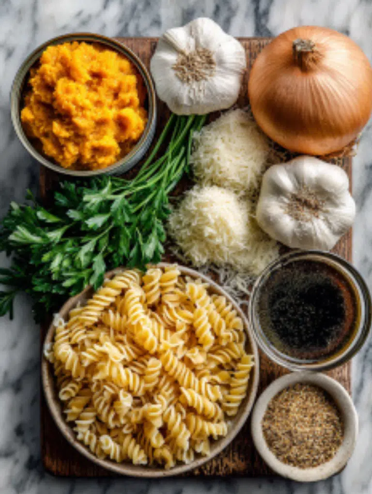 Pumpkin pasta ingredients including pumpkin purée, garlic, onion, rotini pasta, Parmesan, parsley, nutmeg, and broth arranged on marble.