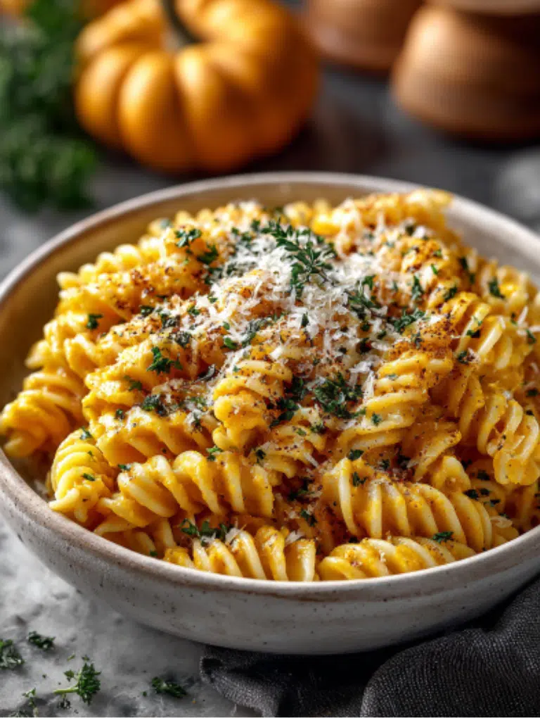 Two bowls of pumpkin pasta served with crusty bread, green salad, and wine on a marble dinner table.