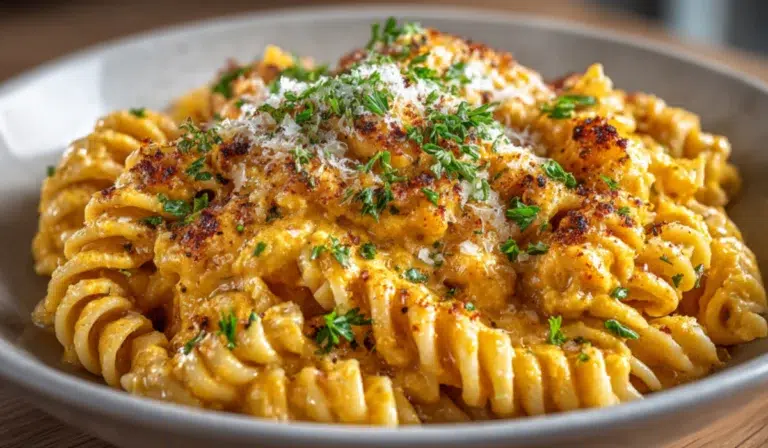 Creamy pumpkin pasta with Parmesan and parsley served in a white bowl on a marble surface.