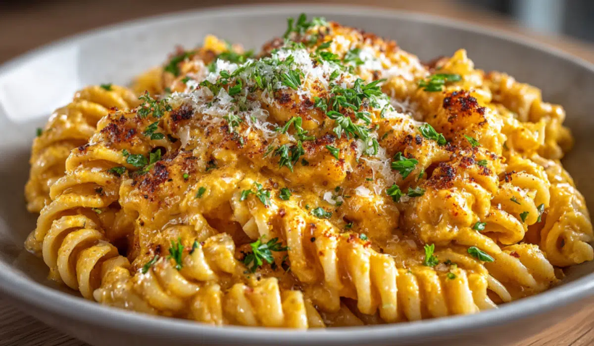 Creamy pumpkin pasta with Parmesan and parsley served in a white bowl on a marble surface.