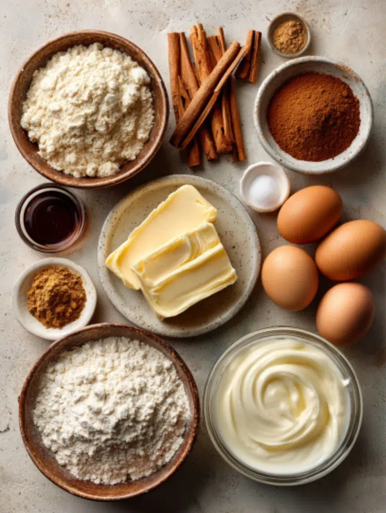 Pumpkin scone ingredients arranged on marble: flour, cinnamon, pumpkin puree, butter, eggs, cream, and spices.