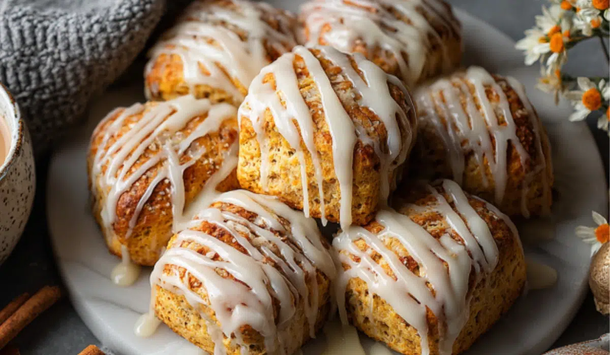 Freshly baked pumpkin scones drizzled with maple glaze, styled on marble with warm fall spices and chai tea.
