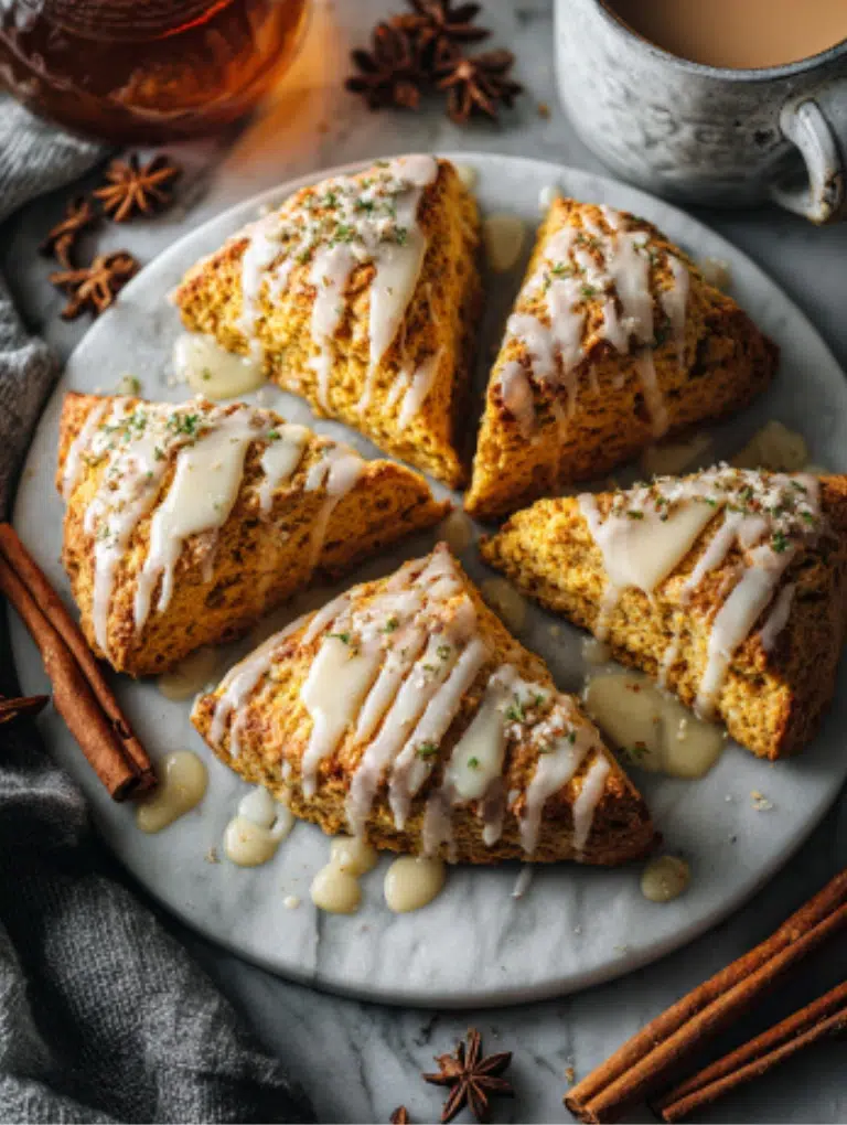 Hands cutting pumpkin scone dough into wedges on a floured marble surface.