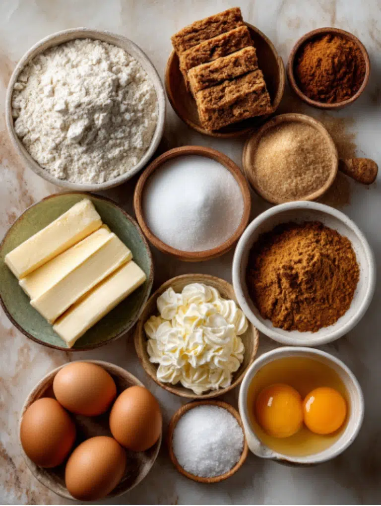 Flat-lay of cookie ingredients measured out on a marble counter: flour, sugar, butter, eggs, pumpkin puree, and spices.