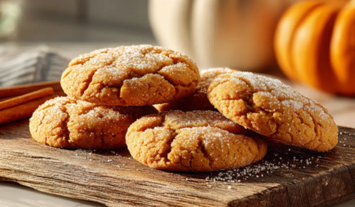 Freshly baked pumpkin spice cookies on a wooden board over a marble counter, surrounded by cinnamon sticks and a pumpkin.