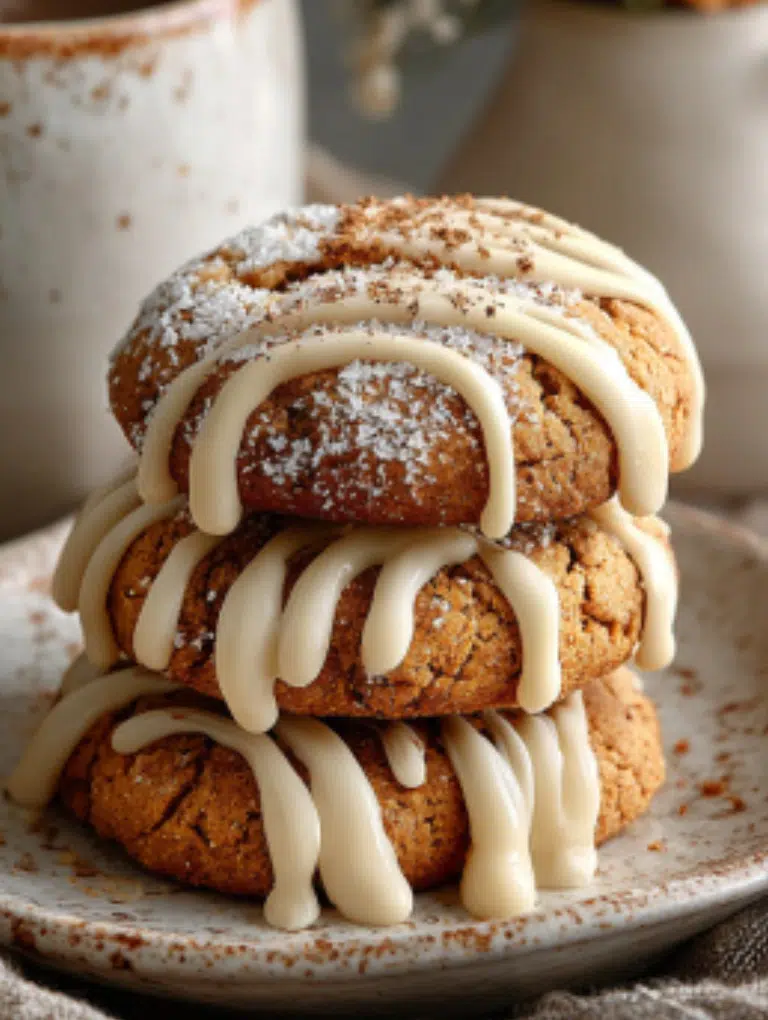 Three styles of pumpkin spice cookies: plain sugar-coated, drizzled with cream cheese icing, and stacked beside a steaming mug of coffee.