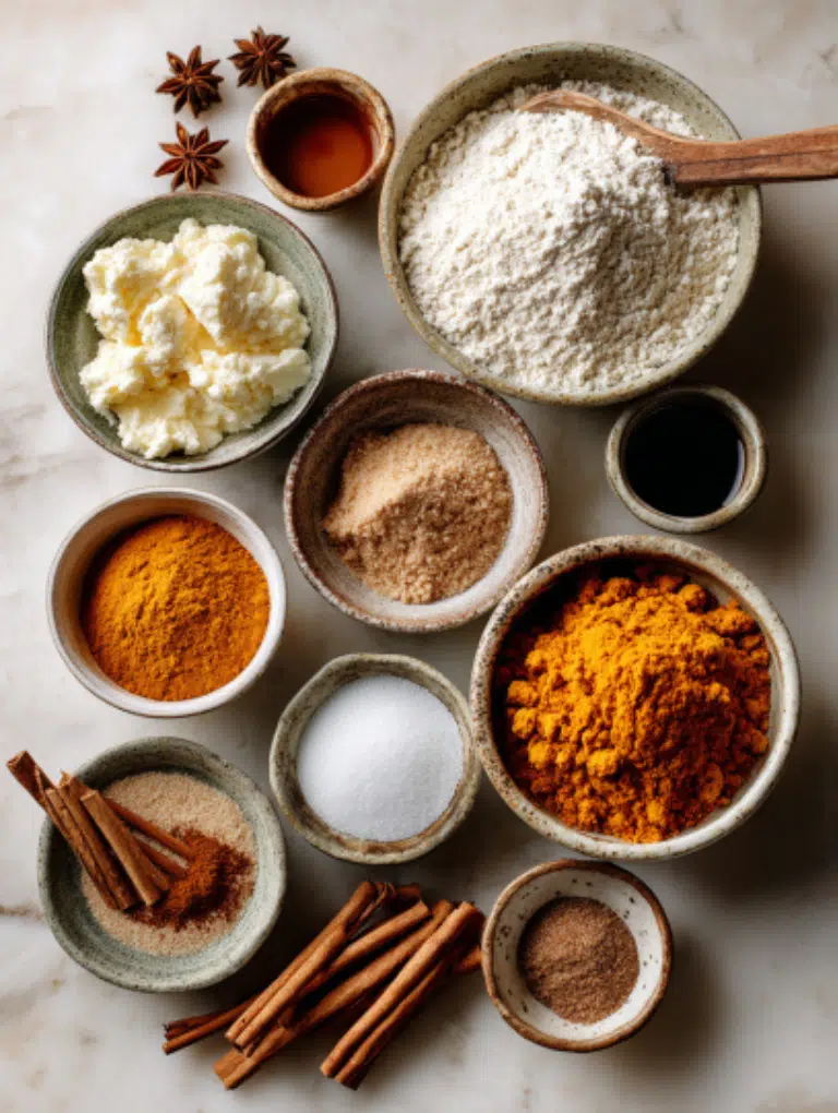 Pumpkin streusel muffins ingredients neatly arranged on a marble countertop.