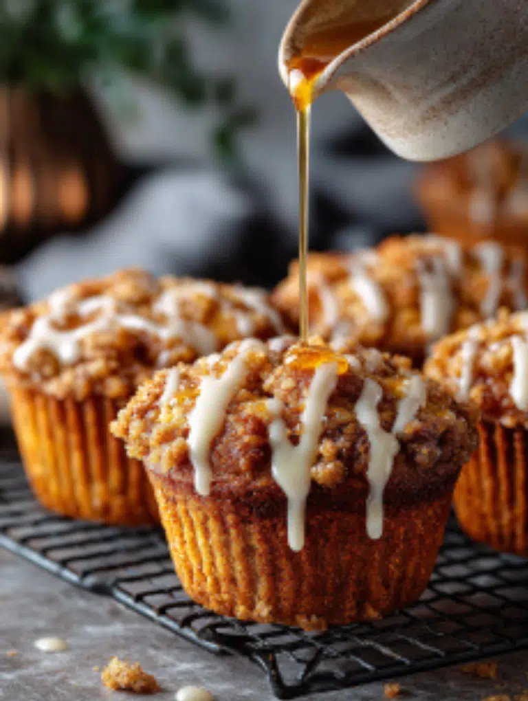 Pumpkin streusel muffins served with coffee on a marble platter.